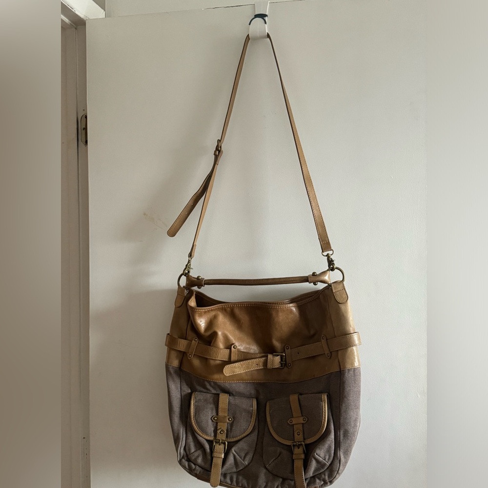 Large leather and fabric purse